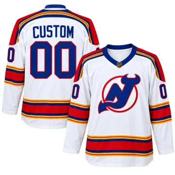 New Jersey Devils 2022-23 Reverse Retro 2.0 white custom jersey, front and back on white background