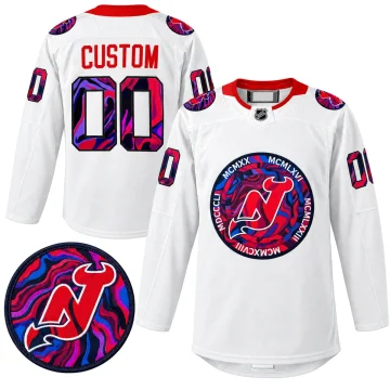 New Jersey Devils 2022 Gender Equality Night white warm-up jersey, front and back with circular shoulder patch