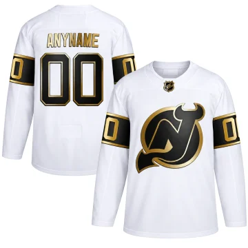 Front and back of a white, black and gold custom New Jersey Devils jersey.