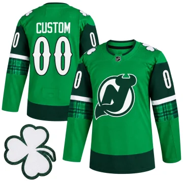 Front and back of a green New Jersey Devils St. Patrick's Day custom jersey with shamrock patch.
