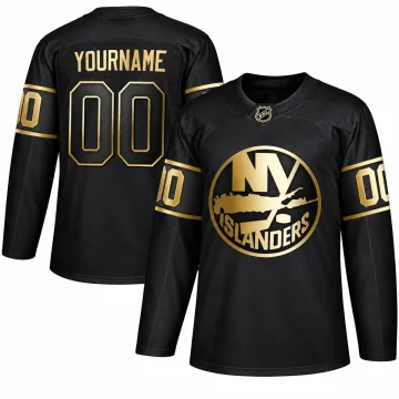 Custom New York Islanders black and metallic gold jersey, front and back