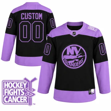 Custom New York Islanders Hockey Fights Cancer black and purple jersey, front and back with Hockey Fights Cancer patch