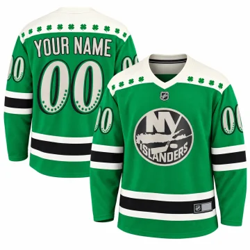 New York Islanders 2021 St. Patrick's Day green custom jersey, front and back views