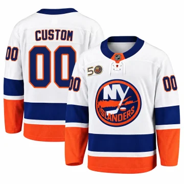 Custom New York Islanders white away 50th Anniversary jersey, front and back