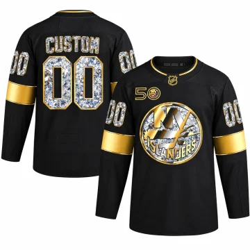 Custom New York Islanders Golden Diamond black 50th Anniversary jersey, front and back