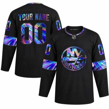 Custom New York Islanders iridescent holographic black jersey, front and back