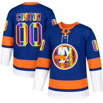 New York Islanders royal Pride custom jersey with rainbow crest and numbers, front and back