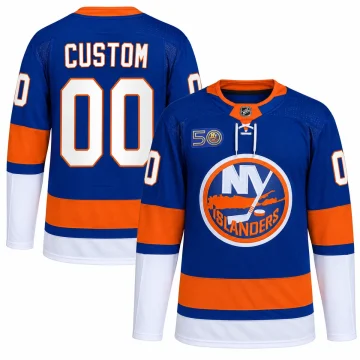New York Islanders royal 50th Anniversary Primegreen custom jersey, front and back