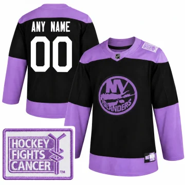 New York Islanders Hockey Fights Cancer custom black and lavender practice jersey, front and back, with shoulder patch