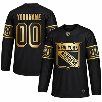 New York Rangers 2019 Golden Edition black custom player jersey, front and back