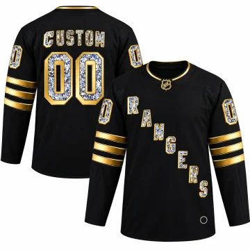 Custom New York Rangers black and gold diamond edition jersey shown front and back