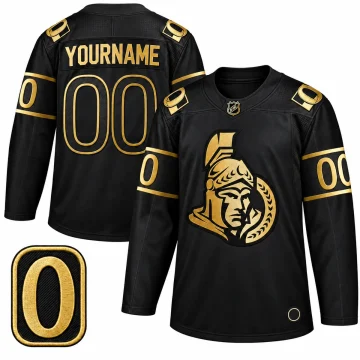 Custom Ottawa Senators black and gold jersey shown front and back with Ottawa O shoulder patch