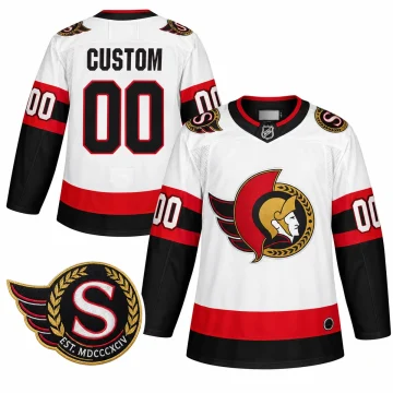 Ottawa Senators 2020-21 away white custom hockey jersey, front and back with verified winged S shoulder patch