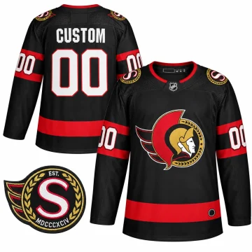 Ottawa Senators 2020-21 home black custom hockey jersey, front and back with verified winged S shoulder patch