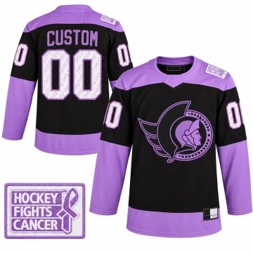 Ottawa Senators Hockey Fights Cancer black and lavender custom hockey jersey, front and back with verified shoulder patch