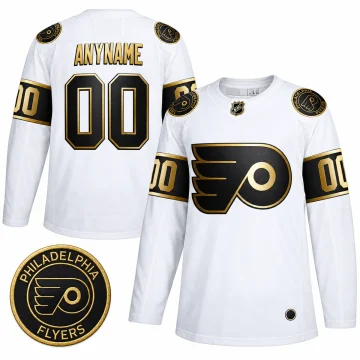 Custom Philadelphia Flyers Golden Edition white jersey, front and back with shoulder patch detail