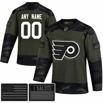 Custom Philadelphia Flyers Military Appreciation camo practice jersey, front and back, with U.S. flag and I Salute sleeve patches