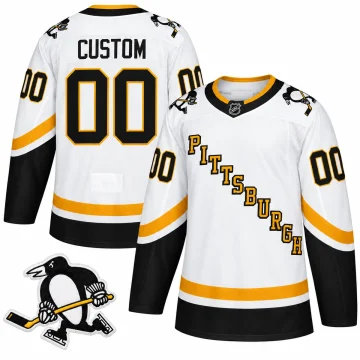Custom Pittsburgh Penguins Reverse Retro white jersey, front and back, with skating penguin shoulder patch
