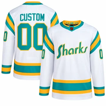 Front and back of the white, teal and gold San Jose Sharks 2022 Reverse Retro custom CUSTOM 00 hockey jersey on a flat white background, with manufacturer branding removed and physical label structure retained.