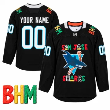 Front and back of the black San Jose Sharks Black History Month custom YOUR NAME 00 hockey jersey on a flat white background, with one enlarged verified BHM shoulder decoration and manufacturer branding removed while the physical label structure is retained.