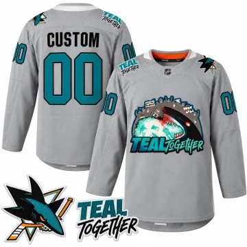 Custom San Jose Sharks Fan Appreciation gray Teal Together jersey, front and back with shoulder patches