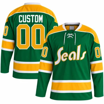 Custom green and gold Seals-inspired hockey jersey, front and back