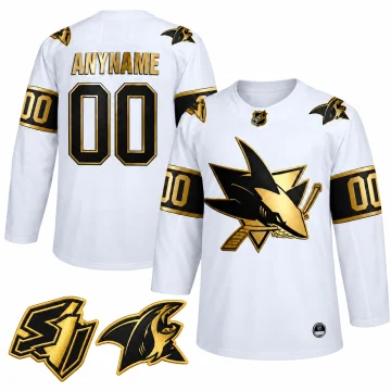 Custom San Jose Sharks Golden Edition white jersey front and back with black and gold shoulder patches