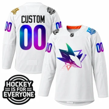 San Jose Sharks 2022 Pride Night white custom jersey, front and back with Hockey Is For Everyone patch
