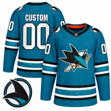 San Jose Sharks teal 2022-23 Evolve custom jersey, front and back with fin patch