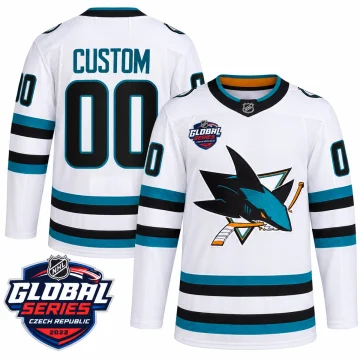 San Jose Sharks white 2022 NHL Global Series custom jersey, front and back with event patch