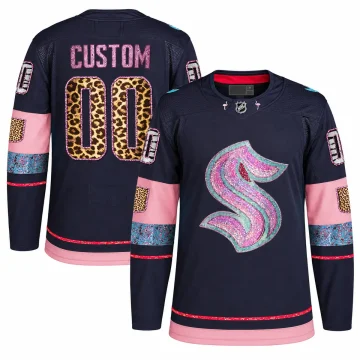 Seattle Kraken navy MGK leopard print custom jersey shown front and back on a pure white background