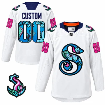Seattle Kraken 2022 Pride Night white warmup jersey shown front and back with CUSTOM 00 and floral anchor patch