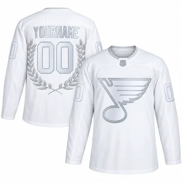 White and silver custom St. Louis Blues Glory Award jersey shown front and back with YOURNAME, number 00 and laurel design
