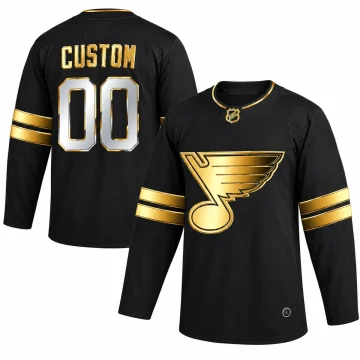 Black and gold custom St. Louis Blues jersey shown front and back with CUSTOM name and number 00