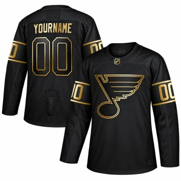 Black and gold custom St. Louis Blues jersey shown front and back with YOURNAME and number 00
