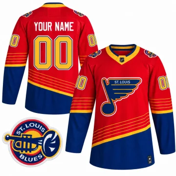 Front and back views of the St. Louis Blues 2020-21 Reverse Retro red custom hockey jersey with trumpet shoulder patch