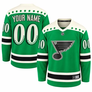 Front and back views of the St. Louis Blues 2021 St. Patrick's Day custom hockey jersey