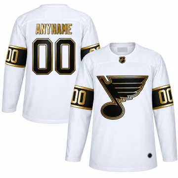 Áo hockey St. Louis Blues Golden Edition trắng đen vàng tùy chỉnh, mặt trước và sau trên nền trắng