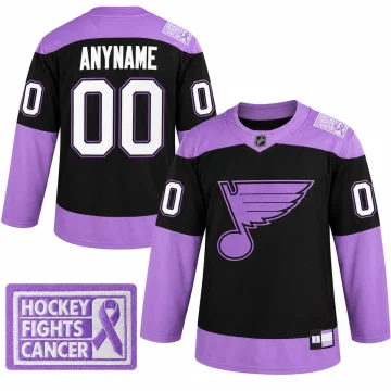 Áo hockey St. Louis Blues Hockey Fights Cancer đen tím tùy chỉnh, mặt trước và sau trên nền trắng