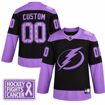 Áo hockey Tampa Bay Lightning 2020 Hockey Fights Cancer đen tím tùy chỉnh, mặt trước và sau trên nền trắng