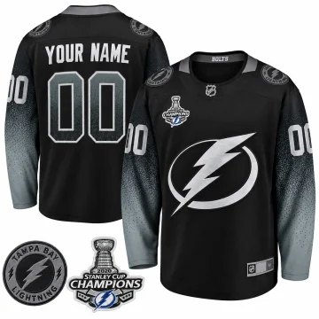 Front and back of a custom Tampa Bay Lightning 2020 Stanley Cup Champions alternate black jersey with shoulder and championship patch details