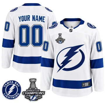 Front and back of a custom Tampa Bay Lightning 2020 Stanley Cup Champions away white jersey with shoulder and championship patch details