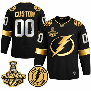 Custom Tampa Bay Lightning black and gold jersey, front and back, with 2020 Stanley Cup Champions and shoulder patch details