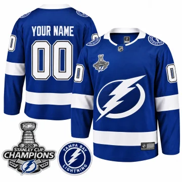 Custom Tampa Bay Lightning blue jersey, front and back, with 2020 Stanley Cup Champions and shoulder patch details