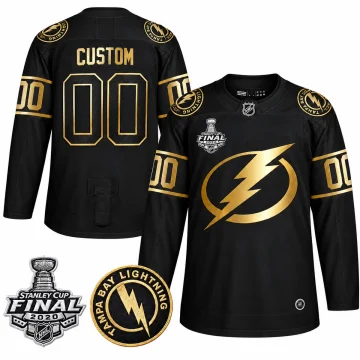 Custom Tampa Bay Lightning black and gold jersey, front and back, with 2020 Stanley Cup Final and shoulder patch details