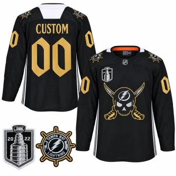 Custom Tampa Bay Lightning 2022 black Gasparilla-inspired jersey, front and back with authentic patches