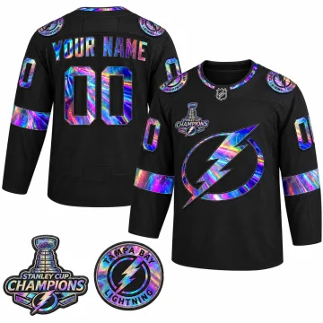 Front and back of black Tampa Bay Lightning custom hockey jersey with iridescent holographic trim, YOUR NAME and number 00, plus two enlarged real patches