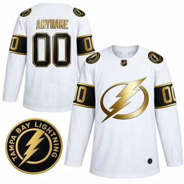 Front and back of white, black and gold Tampa Bay Lightning Golden Edition custom hockey jersey with ANYNAME and number 00, plus enlarged shoulder patch