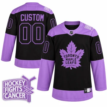 Toronto Maple Leafs Hockey Fights Cancer black and purple jersey, front and back, CUSTOM 00