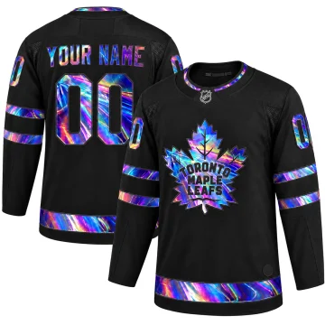 Toronto Maple Leafs iridescent holographic black custom jersey, front and back, YOUR NAME 00